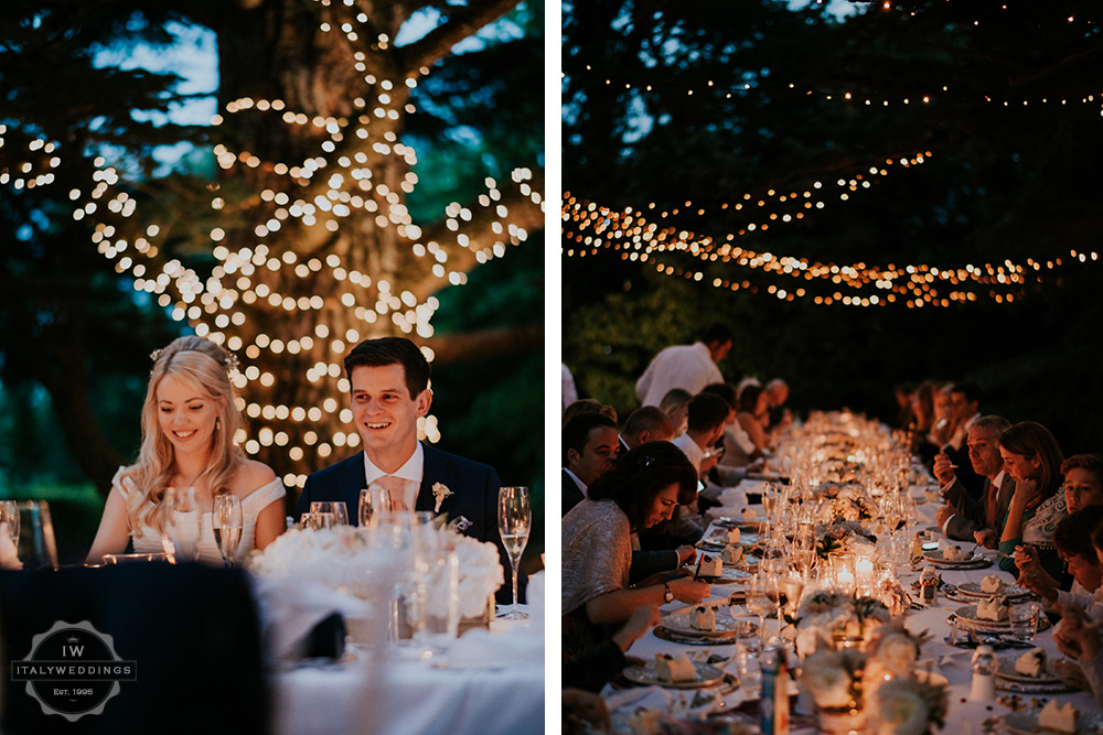 Villa wedding Tuscany fairy lights long table