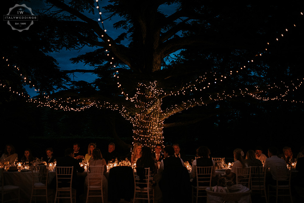 Villa wedding Tuscany fairy lights on tree