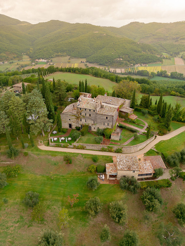 Autumn wedding blessing in converted hamlet, Umbria Italy